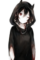 Rule 34 | 1girl, ;), black hair, chain, chain necklace, closed mouth, grey background, hair between eyes, hasunokaeru, highres, hood, hood up, horns, jewelry, looking at viewer, necklace, one eye closed, original, red eyes, robe, simple background, smile, solo, torn clothes, upper body
