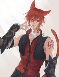 Rule 34 | 1boy, animal ears, black vest, braid, cat ears, cat tail, character name, final fantasy, final fantasy xiv, g&#039;raha tia, hand up, jacket, long hair, looking at viewer, male focus, red eyes, red hair, red jacket, shoulder tattoo, smile, tail, tattoo, tladpwl03, upper body, vest