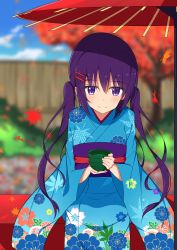 Rule 34 | 1girl, absurdres, autumn leaves, bench, blue kimono, blue sky, blurry, blush, breasts, closed mouth, commentary request, cowboy shot, cup, day, depth of field, falling leaves, fence, floral print, gochuumon wa usagi desu ka?, green tea, hair between eyes, hair ornament, hairclip, han&#039;eri, highres, holding, holding cup, japanese clothes, kimono, leaf, long hair, long sleeves, looking at viewer, maple leaf, medium breasts, mottsun (i 40y), oil-paper umbrella, outdoors, print kimono, purple eyes, purple hair, sash, sidelocks, sitting, sky, smile, solo, tea, tedeza rize, tree, twintails, umbrella, wide sleeves