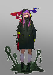 Rule 34 | 1girl, bare legs, black nails, colored skin, fingernails, gradient background, hair over eyes, halfway, highres, hood, hood up, jacket, long hair, long jacket, nail polish, original, parted lips, pink hair, red skin, shaded face, sleeve rolled up, solo, standing, yellow eyes