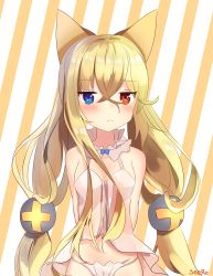 Rule 34 | 1girl, animal ears, arms behind back, artist name, babydoll, bare shoulders, blue eyes, blush, closed mouth, commentary, detached collar, diagonal stripes, g41 (girls&#039; frontline), girls&#039; frontline, groin, hair between eyes, hair ornament, heterochromia, highres, long hair, looking at viewer, panties, red eyes, seero, solo, striped, striped background, underwear, underwear only, very long hair, white panties