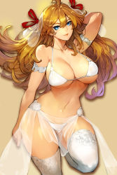 Rule 34 | 1girl, ahoge, arm behind head, arm strap, arm up, bikini, blonde hair, blue eyes, breasts, brown background, closed eyes, closed mouth, collarbone, commentary request, curvy, gradient hair, gurimjang, hair between eyes, hair ribbon, highres, large breasts, leg up, long hair, looking at viewer, mature female, multicolored hair, narrow waist, navel, original, pink lips, print thighhighs, purple hair, red ribbon, ribbon, sarong, see-through, simple background, smile, solo, standing, standing on one leg, stomach, swimsuit, thighhighs, underboob, veil, very long hair, white bikini, white thighhighs
