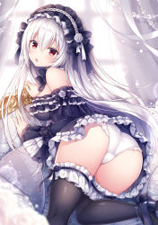 Rule 34 | 1girl, :o, ass, bare shoulders, black dress, black footwear, black ribbon, black thighhighs, blurry, blurry foreground, blush, breasts, chestnut mouth, commentary request, crotch seam, curtains, day, dress, fingernails, flower, frilled dress, frilled panties, frilled sleeves, frilled thighhighs, frills, gothic lolita, hair between eyes, hair ribbon, headdress, high heels, indoors, large breasts, lolita fashion, long hair, long sleeves, looking at viewer, looking back, mitsuba choco, off-shoulder dress, off shoulder, original, panties, parted lips, pillow, purple footwear, red eyes, ribbon, rose, shoe soles, shoes, sidelocks, silver hair, sleeves past wrists, solo, thighhighs, transparent, two side up, underwear, very long hair, white flower, white panties, white ribbon, wide sleeves, window