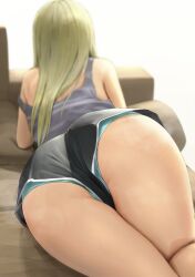 Rule 34 | 1girl, absurdres, ano (gccx8784), aqua panties, arched back, arm support, armpit crease, ass, ass focus, blonde hair, blurry, blurry background, commentary request, couch, depth of field, dolphin shorts, facing away, from behind, grey shirt, gyaru, highres, long hair, lying, on couch, on stomach, original, panties, panties under shorts, panty peek, partially visible vulva, revision, shirt, short shorts, shorts, simple background, solo, strap slip, tank top, thighs, trefoil, underwear, upshorts