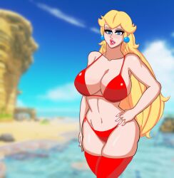 Rule 34 | 1girl, absurdres, beach, bikini, blonde hair, blue eyes, breasts, cleavage, crichi, ear piercing, earrings, hand on own hip, highres, huge breasts, jewelry, lips, lipstick, long hair, looking at viewer, makeup, mario (series), nail polish, nintendo, ocean, piercing, pink lips, pink nails, princess peach, red bikini, solo, super mario odyssey, swimsuit, thick thighs, thighhighs, thighs, water, wide hips
