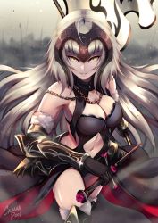 Rule 34 | 1girl, absurdres, ahoge, bare shoulders, boots, breasts, chain, cleavage, elbow gloves, fate/grand order, fate (series), from above, fur trim, gloves, headpiece, highres, jeanne d&#039;arc (fate), jeanne d&#039;arc alter (avenger) (fate), jeanne d&#039;arc alter (avenger) (third ascension) (fate), jeanne d&#039;arc alter (fate), large breasts, long hair, looking at viewer, parted lips, silver hair, smile, solo, standard bearer, sword, thigh boots, thighhighs, vambraces, very long hair, weapon, yellow eyes