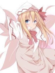 Rule 34 | 1girl, blonde hair, blue eyes, blush, bonkiru, bow, capelet, hat, hat bow, highres, lily white, long hair, long sleeves, open mouth, reaching, reaching towards viewer, selfie, simple background, skirt, skirt set, solo, touhou, white background, wings