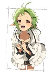 Rule 34 | 1girl, absurdres, ahoge, blush, collarbone, drawstring, elf, genoge 322, green hair, grey jacket, grey shirt, half-closed eyes, hands up, highres, jacket, leaning forward, long sleeves, looking at viewer, mushoku tensei, open mouth, outside border, petals, pointy ears, red eyes, shirt, shorts, smile, solo, sylphiette (mushoku tensei), white background, wind