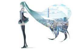 Rule 34 | 1girl, absurdres, black footwear, black skirt, black sleeves, blue hair, blue sky, boots, cityscape, cloud, cloudy sky, detached sleeves, double exposure, from side, full body, hair ornament, hatsune miku, highres, long hair, number tattoo, oneselt, puffy sleeves, shirt, skirt, sky, sleeveless, sleeveless shirt, solo, standing, sumida (tokyo), tattoo, thigh boots, tokyo (city), tokyo skytree, twintails, very long hair, vocaloid, white background, white shirt