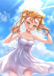 Rule 34 | 1girl, :d, absurdres, akajiyuuki, alternate hairstyle, blue sky, bow, breasts, brown hair, cleavage, cloud, collarbone, day, dress, green eyes, hair bow, highres, holding, holding hair, long hair, natsuumi manatsu, open mouth, outdoors, pink ribbon, precure, rei no himo, ribbon, see-through silhouette, sky, sleeveless, sleeveless dress, small breasts, smile, solo, sundress, tropical-rouge! precure, twintails, white dress, yellow bow
