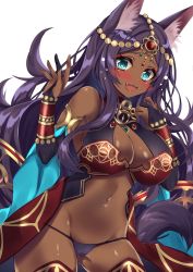 Rule 34 | 1girl, animal ear fluff, animal ears, aqua eyes, bad id, bad pixiv id, black panties, blush, breasts, cleavage, dark-skinned female, dark skin, fang, fate/grand order, fate (series), hands up, head chain, highres, honoka chiffon, jewelry, large breasts, long hair, looking at viewer, navel, open mouth, panties, purple hair, queen of sheba (fate), simple background, smile, solo, tail, underwear, white background