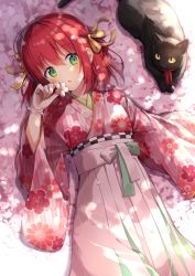 Rule 34 | 1girl, animal, black cat, blush, cat, colored sclera, commentary request, dappled sunlight, day, floral print, flower, from above, gloves, green eyes, hair between eyes, hair ribbon, hakama, hakama skirt, head tilt, highres, hip vent, holding, holding flower, japanese clothes, kimono, long sleeves, looking at viewer, lying, nonono (nononotea), on back, orange ribbon, original, outdoors, parted lips, petals, pink hakama, pink kimono, print kimono, red hair, ribbon, short hair, skirt, solo, sunlight, tareme, white gloves, wide sleeves, yellow sclera