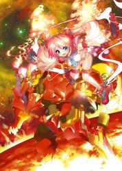 Rule 34 | 1girl, blouse, blue eyes, blue neckerchief, fiery hair, fire, frilled thighhighs, frills, fujishima-sei ichi-gou, highres, long hair, looking at viewer, mecha, lava, neckerchief, original, panties, pink hair, pink sailor collar, red footwear, revision, robot, sailor collar, shirt, shoes, side-tie panties, solo, thighhighs, twintails, underwear, white panties, white shirt, white thighhighs