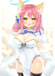 Rule 34 | 1girl, :d, ahoge, animal ear fluff, animal ears, bare shoulders, black thighhighs, blue bow, blush, bow, breasts, china dress, chinese clothes, cleavage, commentary request, commission, dress, gloves, groin, hagoromo, hair between eyes, hair bow, hair ornament, halo, hand up, highres, large breasts, looking at viewer, open mouth, original, pelvic curtain, pink hair, shawl, shikito (yawa0w0), skeb commission, smile, solo, star (symbol), star hair ornament, thighhighs, white dress, white gloves, yellow eyes