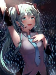 Rule 34 | 1girl, absurdres, aqua eyes, aqua hair, arm up, armpits, black sleeves, blue necktie, blush, breasts, collared shirt, dated, detached sleeves, earpiece, glowstick, grey shirt, hair between eyes, hand on own chest, hatsune miku, highres, huge filesize, knowa, long hair, long sleeves, microphone, necktie, open mouth, shirt, small breasts, smile, solo, tears, twintails, upper body, vocaloid