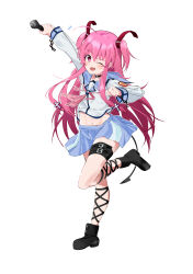 Rule 34 | 1girl, :d, absurdres, ahoge, angel beats!, arm up, black choker, blue sailor collar, blue skirt, blush, boots, brown footwear, choker, commentary request, excited, eyes visible through hair, floating hair, full body, hair between eyes, hair ribbon, hand up, highres, holding, holding microphone, long hair, long sleeves, looking at viewer, microphone, miniskirt, neckerchief, notice lines, one eye closed, open mouth, pink eyes, pink hair, pink neckerchief, pleated skirt, red ribbon, ribbon, sailor collar, shinda sekai sensen uniform, shirt, sidelocks, simple background, skirt, smile, solo, standing, standing on one leg, straight hair, thigh strap, two side up, very long hair, white background, white shirt, wind, wind lift, yui (angel beats!), zenoo