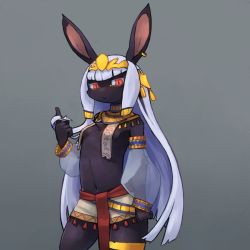 Rule 34 | 1girl, animal ears, blue hair, breasts, rabbit, egyptian, furry, furry female, kamukamu6392, long hair, navel, red eyes, revealing clothes, small breasts, solo, topless