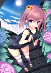 Rule 34 | 1girl, blue eyes, brown hair, flower, hair flower, hair ornament, highres, hydrangea, one-piece swimsuit, original, school swimsuit, short hair, solo, striped clothes, striped thighhighs, sukage, sunflower, sunflower hair ornament, swimsuit, thighhighs, twintails, umbrella