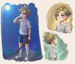 Rule 34 | 1boy, absurdres, blonde hair, blue eyes, blue shorts, blush, bruise, child, cloud strife, final fantasy, final fantasy vii, final fantasy vii remake, full moon, grass, highres, holding, holding sword, holding weapon, injury, male focus, michelle kristolia, moon, multiple views, night, night sky, shirt, shoes, shorts, signature, sky, solo, spiked hair, standing, star (sky), starry sky, sword, weapon, white footwear, white shirt, wooden sword