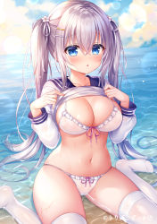 Rule 34 | 1girl, beach, bikini, bikini under clothes, blue eyes, breasts, cameltoe, caustics, cleavage, clothes lift, cloud, collarbone, day, frilled bikini, frills, front-tie bikini top, front-tie top, hair between eyes, hair ornament, hair ribbon, hairclip, hands up, large breasts, long hair, long sleeves, looking at viewer, mitsuba choco, navel, no pants, no shoes, original, outdoors, parted lips, ribbon, sailor collar, sailor shirt, shirt, shirt lift, sidelocks, silver hair, sitting, skindentation, solo, stomach, string bikini, sun, swimsuit, thighhighs, thighs, twilight, twintails, very long hair, wariza, water, wet, white bikini, white shirt, white thighhighs