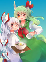 Rule 34 | 2girls, bad id, bad pixiv id, blue background, bow, bowl, dress, egg (food), ex-keine, food, fried egg, fujiwara no mokou, green hair, hair bow, highres, horn bow, horn ornament, horns, kamishirasawa keine, long hair, long sleeves, looking at viewer, multiple girls, open mouth, red eyes, shukinuko, silver hair, simple background, smile, soup, tail, touhou, tray, very long hair