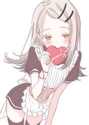 apron back_bow black_shirt black_skirt blonde_hair blush bow candy chocolate chocolate_heart colored_eyelashes corset covering_own_mouth cropped_legs earrings flipped_hair food gakuen_idolmaster hair_ornament hairclip happy_mille-feuille_(idolmaster) heart heart-shaped_food heart_apron heart_print highres idolmaster jewelry looking_at_viewer maid_apron orange_eyes puffy_short_sleeves puffy_sleeves shinosawa_hiro shirt short_sleeves shubashuba simple_background skinny skirt stud_earrings thighhighs white_background wrist_cuffs zettai_ryouiki