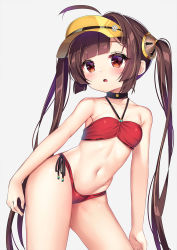 Rule 34 | 1girl, ikazu401, ahoge, azur lane, bare arms, bare shoulders, bikini, breasts, brown hair, choker, collarbone, contrapposto, cowboy shot, groin, halterneck, halterneck, long hair, looking at viewer, navel, parted lips, ping hai (azur lane), ping hai (summer vacation) (azur lane), red bikini, red eyes, side-tie bikini bottom, sidelocks, small breasts, solo, standing, swimsuit, thighs, twintails, very long hair, visor cap, white background