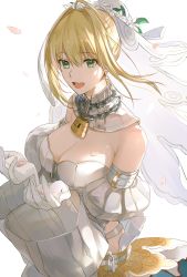 Rule 34 | 1girl, ahoge, backlighting, bare shoulders, belt, blonde hair, breasts, chain, cleavage, detached collar, detached sleeves, elbow gloves, fate/extra, fate/extra ccc, fate/grand order, fate (series), flower wreath, full-length zipper, gloves, green eyes, hair between eyes, hair intakes, head wreath, highleg, highleg leotard, highres, hoshi rasuku, large breasts, leotard, lock, long hair, looking at viewer, loose belt, nero claudius (bride) (fate), nero claudius (bride) (second ascension) (fate), nero claudius (fate), nero claudius (fate) (all), open mouth, padlock, petals, puffy sleeves, smile, solo, veil, white gloves, white leotard, wide sleeves, zipper, zipper pull tab