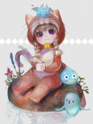 Rule 34 | 1girl, animal costume, animal ears, animal hood, bell, blonde hair, blue eyes, blunt bangs, cat costume, cat ears, cat hood, cat tail, closed mouth, collar, commentary request, cup, dragon quest, dragon quest xi, flower, holding, holding cup, hood, jingle bell, long hair, looking at viewer, neck bell, sitting, slime (dragon quest), smile, tail, veronica (dq11), water, yaku (ziroken)