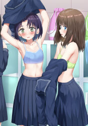 Rule 34 | 3girls, armpits, arms up, bare arms, bare shoulders, blue bra, blue eyes, blue sailor collar, blue serafuku, blue shirt, blue skirt, blush, bra, breasts, brown hair, collarbone, commentary request, green bra, green eyes, highres, indoors, long hair, multiple girls, navel, nedia (nedia region), original, parted lips, pleated skirt, purple hair, sailor collar, school uniform, serafuku, shirt, skirt, small breasts, standing, underwear, undressing, v-shaped eyebrows, wavy mouth
