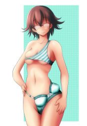 Rule 34 | 1girl, ao usagi, bra, brown hair, contrapposto, failure, glasses, lingerie, no eyes, original, panties, panties on breasts, short hair, skindentation, smile, solo, standing, striped clothes, striped panties, underwear, underwear only, wardrobe error, you&#039;re doing it wrong