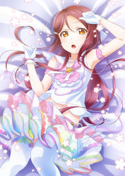 Rule 34 | 1girl, absurdres, armpits, birthday, earrings, flower (symbol), frilled skirt, frills, gloves, hair ornament, hair ribbon, highres, jewelry, konro kai, long hair, looking at viewer, love live!, love live! sunshine!!, lying, midriff, multicolored clothes, multicolored skirt, necklace, on back, red hair, ribbon, sakurauchi riko, sidelocks, skirt, solo, thighhighs, white gloves, white thighhighs, yellow eyes