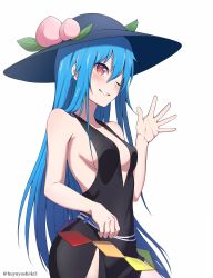 Rule 34 | 1girl, bare arms, black dress, blue hair, blue hat, breasts, collarbone, dress, grin, hair over shoulder, hat, highres, hinanawi tenshi, long hair, looking at viewer, one eye closed, red eyes, side slit, sideboob, simple background, sleeveless, sleeveless dress, small breasts, smile, solo, straight hair, sun hat, touhou, twitter username, very long hair, waving, white background, yoshinatsu