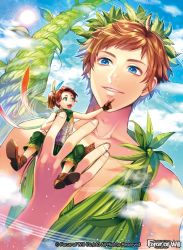 Rule 34 | 2boys, bird, blue eyes, boots, brown hair, chicken, cloud, copyright name, day, feathers, force of will, giant, giant male, gloves, green eyes, jack and the beanstalk, leaf, long hair, male focus, matsurika youko, multiple boys, official art, plant, ponytail, sky, sun, teeth, vines