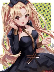 Rule 34 | 1girl, achiko (tamara), alternate costume, black dress, black ribbon, blonde hair, blush, breasts, commentary request, dress, earrings, ereshkigal (fate), ereshkigal (third ascension) (fate), fate/grand order, fate (series), hair ribbon, highres, jewelry, juliet sleeves, large breasts, long hair, long sleeves, looking at viewer, open mouth, parted bangs, puffy sleeves, red eyes, ribbon, skull, smile, solo, spine, teeth, two side up, upper teeth only, very long hair