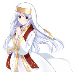 Rule 34 | 1girl, closed mouth, commentary request, green eyes, grey hair, habit, index (toaru majutsu no index), interlocked fingers, long hair, long sleeves, looking at viewer, nemu mohu, nun, praying, red scarf, robe, safety pin, scarf, smile, solo, toaru majutsu no index, white background, white robe, wide sleeves