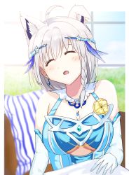 Rule 34 | 1girl, ahoge, animal ear fluff, animal ears, blue dress, blurry, blurry background, blush, commentary request, dress, earrings, elbow gloves, extra ears, closed eyes, fox ears, fox girl, gloves, hair between eyes, highres, hololive, homulily, jewelry, open mouth, pillow, shirakami fubuki, sleeping, solo, virtual youtuber, white hair