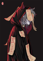 Rule 34 | 1boy, black background, covered eyes, fake horns, from side, grey hair, hood, hood up, hooded jacket, horned headwear, horns, jacket, jiangshi, long sleeves, male focus, mia0309, onii-chan wa zonbida, original, parted lips, profile, simple background, solo, upper body