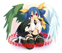Rule 34 | 1girl, arc system works, asymmetrical wings, black thighhighs, blue hair, boots, bow, breasts, dizzy (guilty gear), gradient background, guilty gear, hair ribbon, hugging own tail, hugging tail, long hair, midriff, mizuki kotora, red eyes, ribbon, solo, tail, tail ornament, tail ribbon, thighhighs, underboob, wings