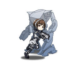 Rule 34 | 1girl, armor, ass, autocannon, blunt bangs, bodysuit, brown eyes, brown hair, bullpup, cannon, chibi, electromagnetic induction rifle, exoskeleton, exosuit (godzilla), from behind, full body, godzilla: city on the edge of battle, godzilla: planet of the monsters, godzilla (series), gun, hazmat suit, headband, holding, holding gun, holding weapon, infantry-employed electromagnetic induction rifle, looking back, lowres, magnetic weapon, mecha, military, military uniform, official art, polygon pictures, power armor, power suit, powered exoskeleton, powered suit (godzilla), railgun, robot, running, shadow, short hair, simple background, spacesuit, submachine gun, tani yuko, toho, transforming weapon, uniform, weapon, white background