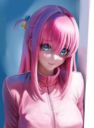 Rule 34 | 1girl, absurdres, aqua eyes, bocchi the rock!, breasts, closed mouth, commentary, cube hair ornament, eyelashes, gotoh hitori, hair between eyes, hair intakes, hair ornament, highres, jacket, large breasts, lazik 1337, lips, long hair, one side up, pink hair, pink jacket, solo, track jacket, twitter username, upper body