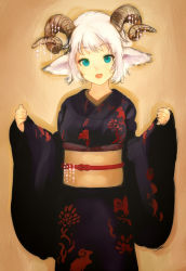 Rule 34 | 1girl, animal ears, aqua eyes, bad id, bad pixiv id, chinese zodiac, genso, gradient background, highres, horn ornament, horns, japanese clothes, kimono, looking at viewer, obi, open mouth, original, sash, sheep ears, sheep horns, short hair, simple background, solo, white hair