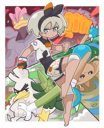 Rule 34 | 1girl, bad id, bad pixiv id, barefoot, bea (pokemon), black bodysuit, black hairband, bodysuit, bodysuit under clothes, border, bow hairband, clenched hands, closed mouth, collared shirt, commentary, creatures (company), dynamax band, full body, game freak, gen 1 pokemon, gen 2 pokemon, gen 8 pokemon, gigantamax, gigantamax machamp, gloves, grey eyes, grey hair, gym leader, hair between eyes, hairband, highres, hitmontop, knee pads, machamp, nintendo, outline, outside border, pokemon, pokemon (creature), pokemon swsh, print shirt, print shorts, shirt, short hair, short sleeves, shorts, side slit, side slit shorts, single glove, sirfetch&#039;d, tanitaniyaaan, tied shirt, toes, white border