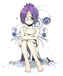 Rule 34 | 1girl, chrome dokuro, eyepatch, female focus, full body, gradient background, katekyo hitman reborn!, naponapo, purple hair, short hair, sitting, solo, white background