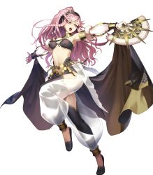 Rule 34 | 1girl, armpits, bare shoulders, black legwear, braid, breasts, bridal gauntlets, female focus, fire emblem, fire emblem awakening, fire emblem heroes, front braid, full body, hairband, hand fan, highres, leg up, looking away, matching hair/eyes, medium breasts, navel, nintendo, official art, olivia (fire emblem), open mouth, pink eyes, pink hair, sandals, see-through, side braid, solo, swept bangs, transparent background, twin braids, underboob