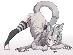 Rule 34 | 1girl, animal ear fluff, animal ears, black thighhighs, blue eyes, bug, cat ears, cat girl, cat tail, dress, expressionless, full body, garter straps, grey hair, grey sweater, heel-less legwear, highres, horns, jack-o&#039; challenge, long hair, long sleeves, mosou keito, original, pointy ears, sleeves past fingers, sleeves past wrists, stirrup legwear, striped clothes, striped thighhighs, sweater, sweater dress, tail, thighhighs, toeless legwear, top-down bottom-up, white thighhighs