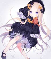 Rule 34 | 1girl, abigail williams (fate), black bow, black dress, black footwear, black hat, blonde hair, bloomers, bow, bug, butterfly, commentary request, dress, fate/grand order, fate (series), forehead, grey background, hair bow, hat, highres, hugging object, insect, long hair, long sleeves, looking at viewer, mary janes, mokyuko, orange bow, parted bangs, parted lips, polka dot, polka dot bow, purple eyes, shoes, simple background, sleeves past wrists, solo, stuffed animal, stuffed toy, teddy bear, underwear, very long hair, white bloomers