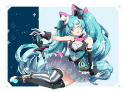 Rule 34 | 1girl, agonasubi, aqua eyes, aqua hair, arm at side, arm support, armpit crease, asymmetrical footwear, asymmetrical legwear, bare shoulders, black footwear, black sleeves, black thighhighs, blue background, border, bow, bowtie, center frills, detached sleeves, diagonal stripes, dot nose, facepaint, flats, frills, full body, gloves, hat, hatsune miku, head tilt, blue background, long hair, magical mirai (vocaloid), magical mirai miku, magical mirai miku (2019), microphone, microphone wand, mini hat, mini top hat, mismatched footwear, mismatched legwear, neck ruff, one eye closed, open mouth, outstretched arm, pink bow, pink bowtie, pom pom (clothes), shoes, single detached sleeve, sitting, solo, sparkle background, star (symbol), star in eye, striped background, striped clothes, striped thighhighs, symbol in eye, thighhighs, top hat, tutu, twintails, two-tone background, underbust, vertical-striped clothes, vertical-striped thighhighs, very long hair, vocaloid, white border, white footwear, white gloves, white hat, yokozuwari, zettai ryouiki