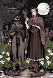 Rule 34 | 2girls, 4boys, arizuka (catacombe), arms up, ascot, belt, belt buckle, black gloves, black sky, bloodborne, bonnet, brown cloak, buckle, bush, character request, cloak, closed eyes, coat, doll, doll joints, flower, gloves, grey hair, hat, height difference, highres, hood, hunter (bloodborne), joints, mask, moon, mouth mask, multiple boys, multiple girls, night, night sky, one eye closed, plain doll, red ascot, scarf, sky, smile, squid, standing, swept bangs, top hat, tree, tricorne
