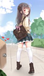 Rule 34 | 1girl, backpack, bag, blush, brown hair, closed mouth, day, food, food-themed hair ornament, from behind, fruit, hair ornament, heart, highres, ifnil, kneehighs, long hair, looking at viewer, original, outdoors, plaid, plaid skirt, red eyes, sketch, skirt, socks, watermelon, watermelon hair ornament, white socks